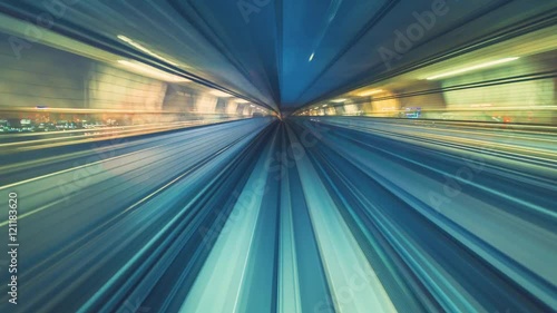 Point of view time-lapse through Tokyo tunnels via the automated monorail guideway transit system (AGT) called the Yurikamome at night. No unwanted window reflections photo