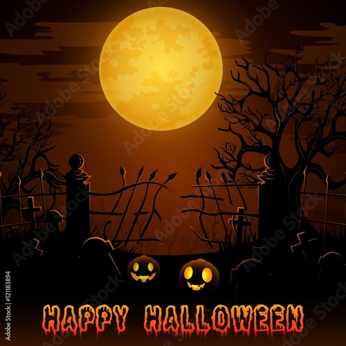 Halloween night background with pumpkins in graveyard on the full moon