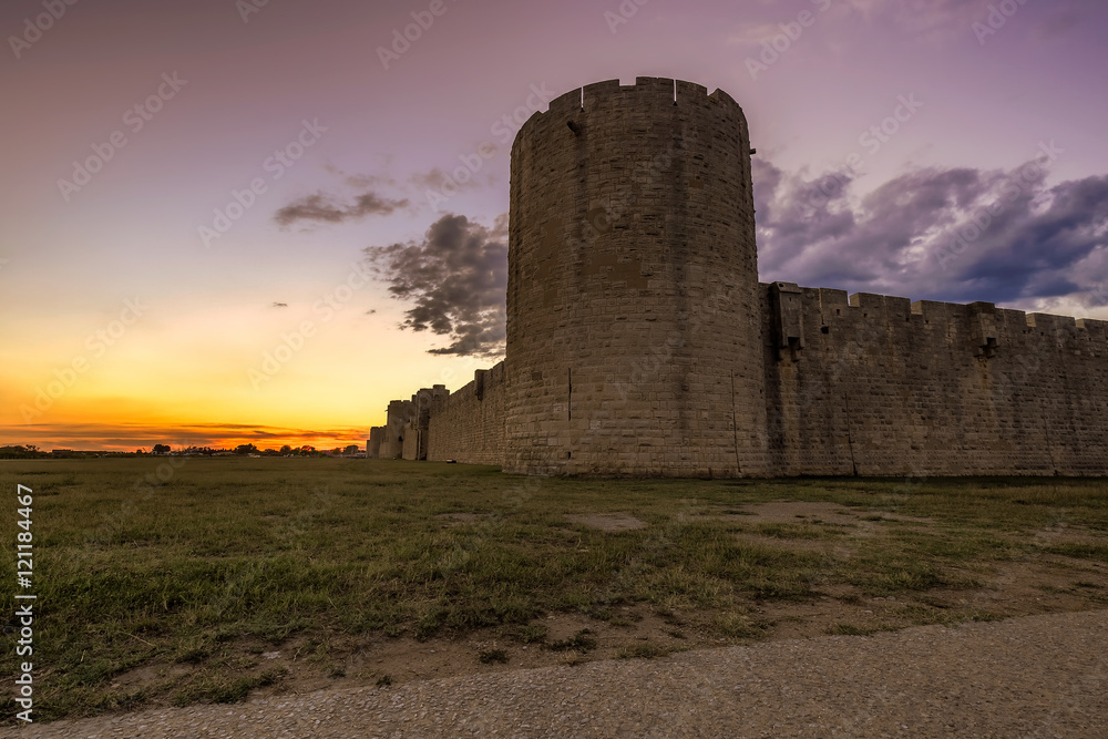 Sunset over the wall in old city Aigues-Mortes, Provence, France. Sunset over the wall in old city Aigues-Mortes, Provence, France.