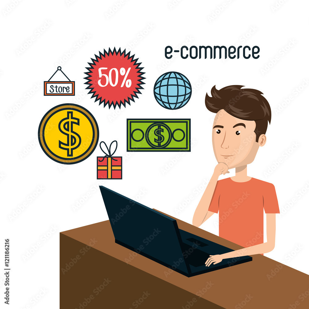 cartoon man laptop e-commerce isolated design, vector illustration  graphic 