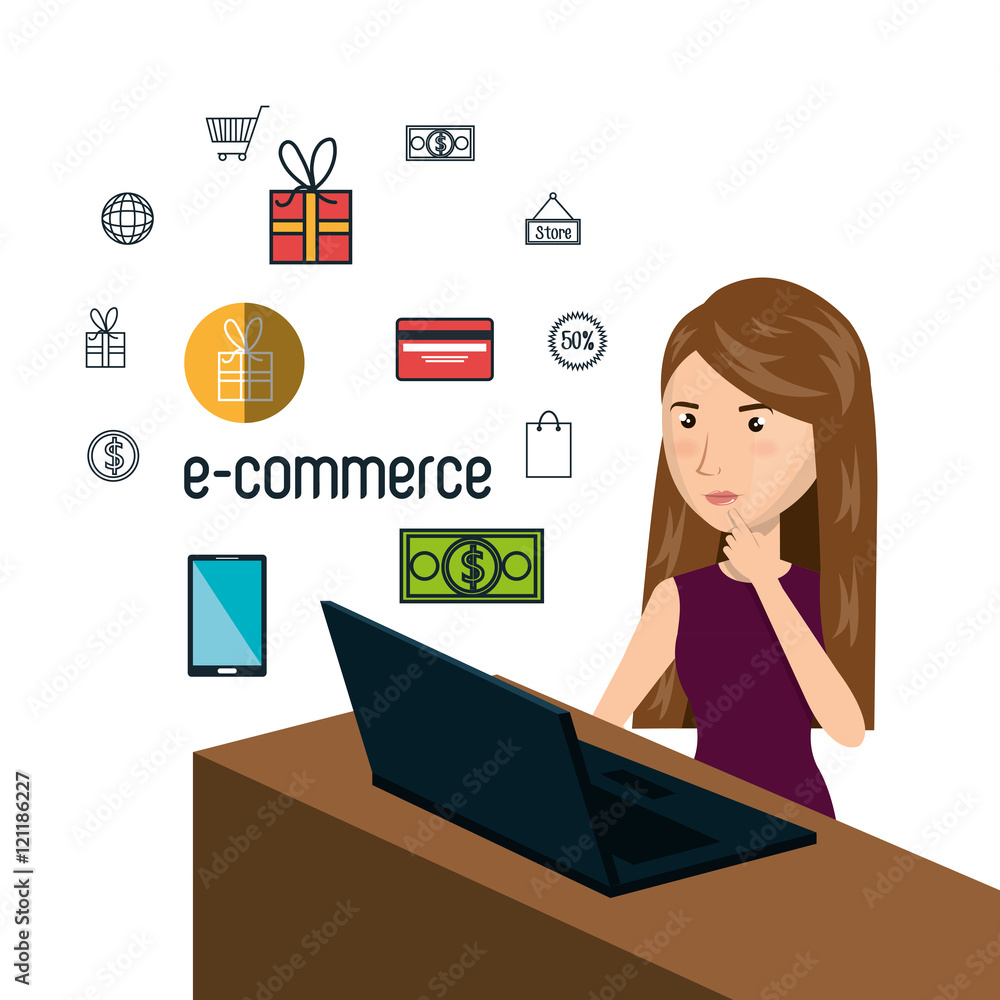 cartoon woman thinking e-commerce isolated design, vector illustration graphic cartoon woman thinking e-commerce isolated design, vector illustration graphic