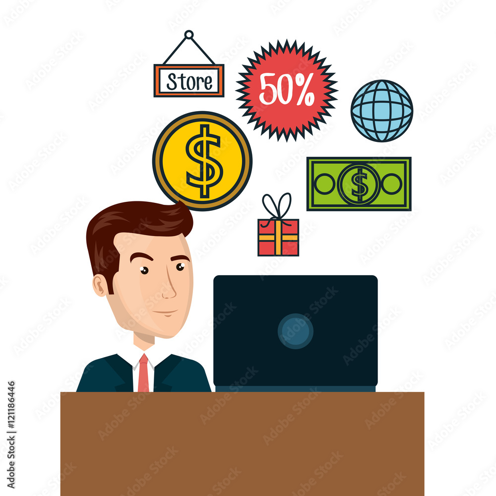 cartoon man e-commerce laptop desk isolated design, vector illustration graphic cartoon man e-commerce laptop desk isolated design, vector illustration graphic