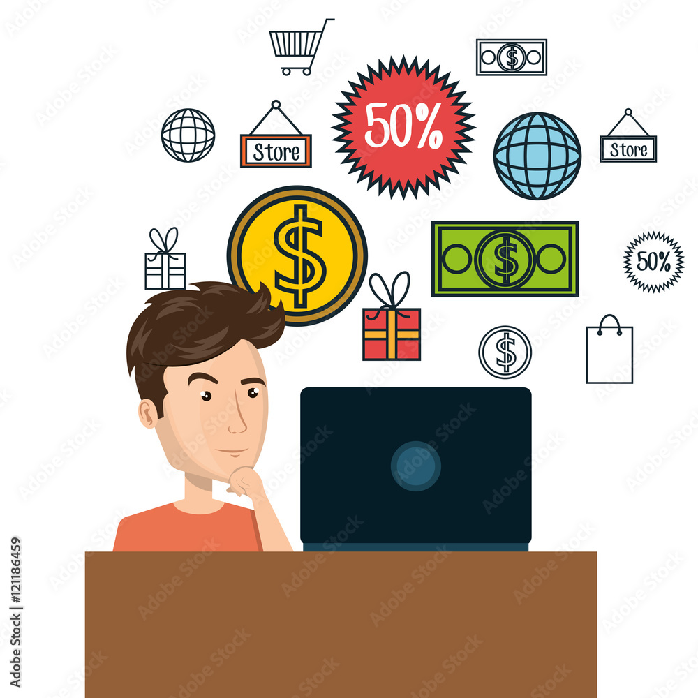cartoon man e-commerce laptop desk isolated design, vector illustration  graphic 