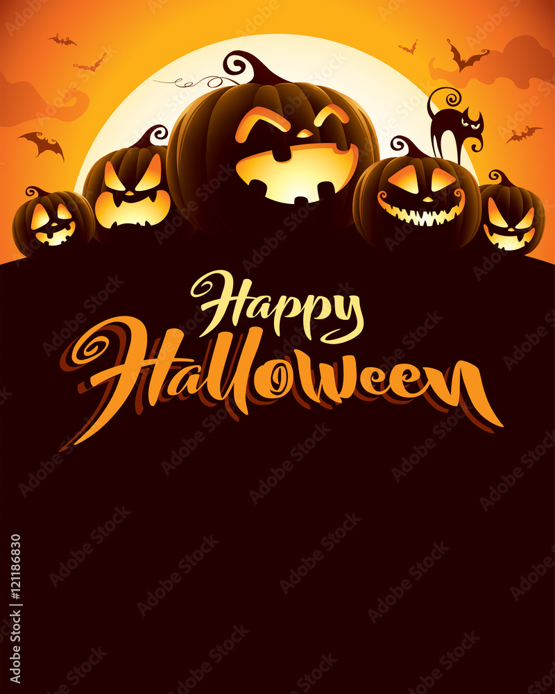 Fototapeta premium Spooky halloween night with pumpkins. Poster.