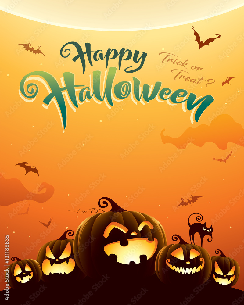 Fototapeta premium Spooky halloween night with pumpkins. Poster.