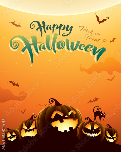 Spooky halloween night with pumpkins. Poster.