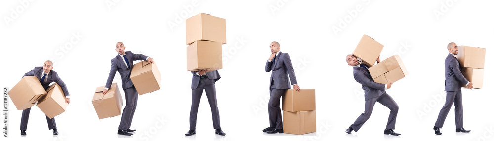 Collage of photos with man and boxes Collage of photos with man and boxes