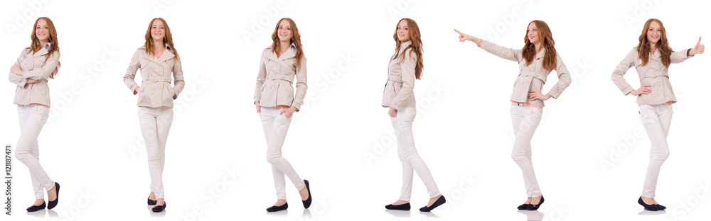 Happy woman in winter clothing isolated on white