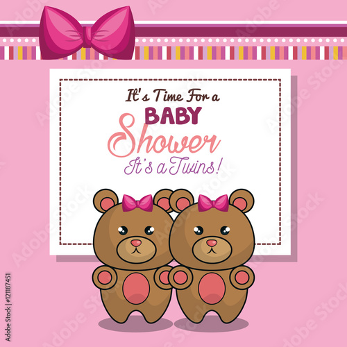 invitation baby shower twins girl pink bear vector illustration eps 10