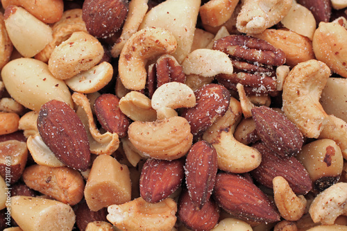A close up image of mixed nuts
