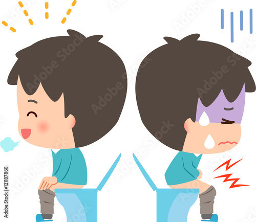 トイレで腹痛に悩む男性と笑顔の男性