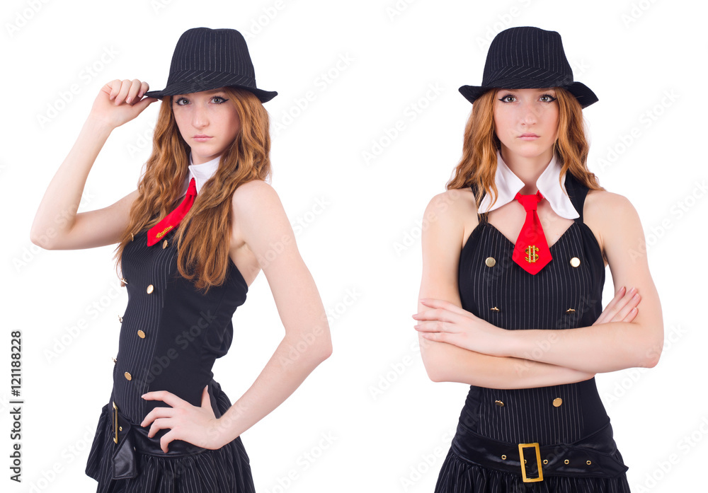 Young woman in black costume isolated on white