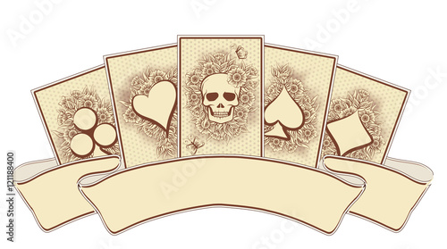 Vintage poker cards with skull, vector illustration