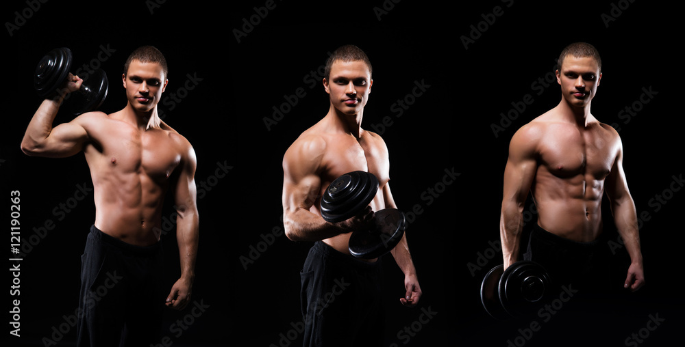 Collage of a young and fit bodybuilder man
