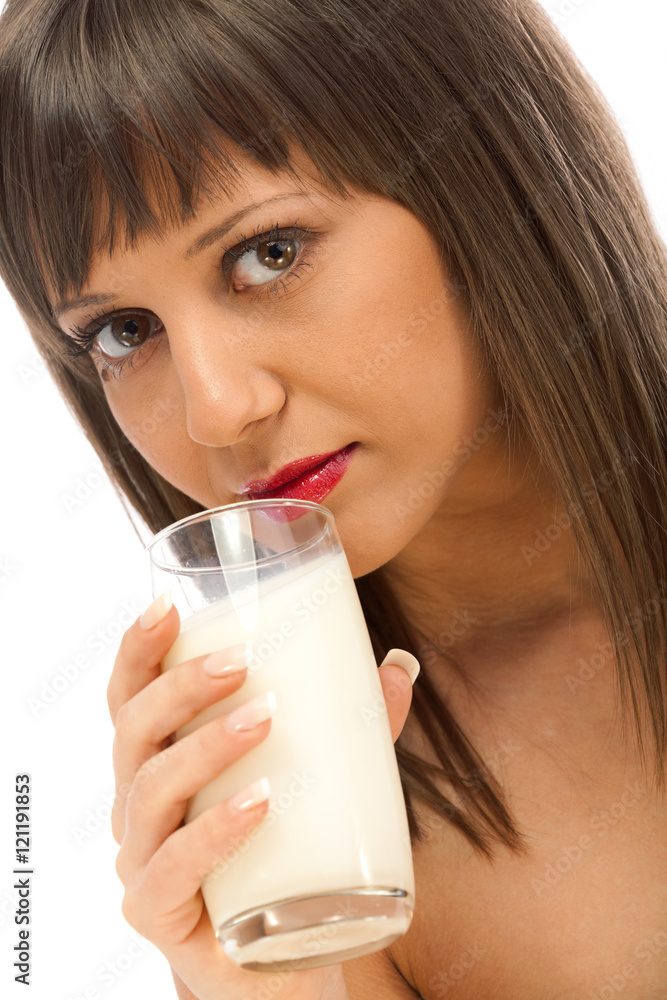 Woman drinking milk, looking at camera, isolated on white backgr