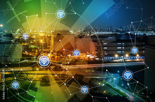 Obraz na plátne modern factory building and wireless communication network, abstract image visua