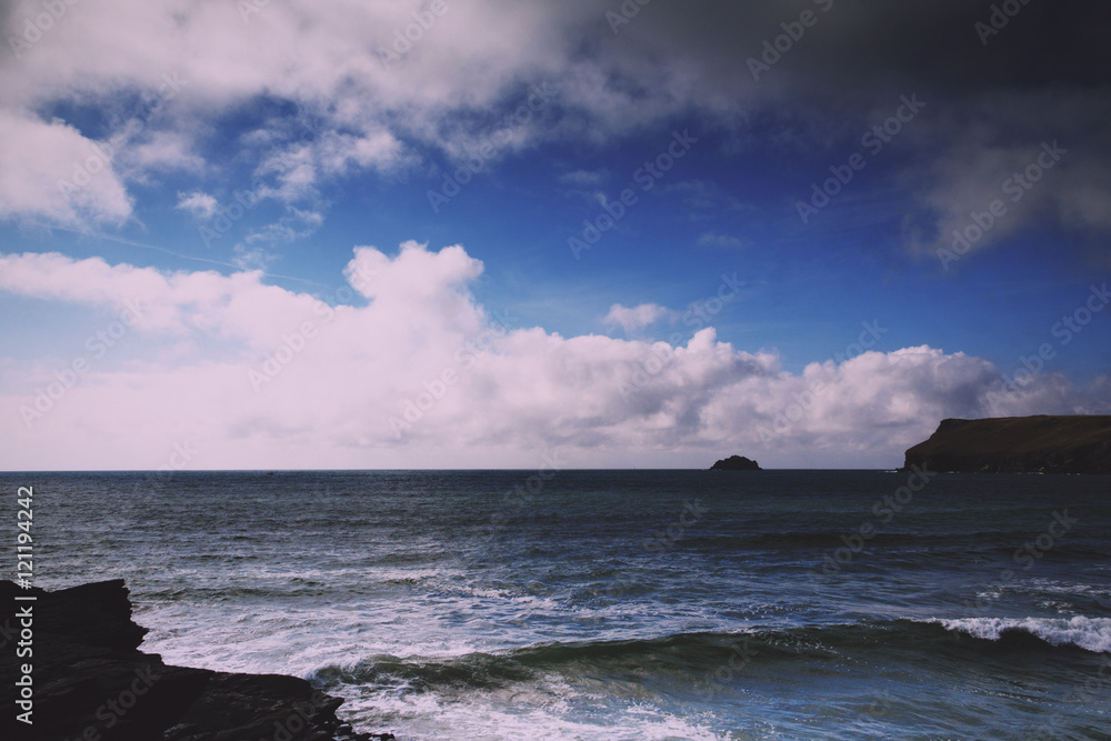 Beautiful view over the sea from Polzeath Vintage Retro Filter.