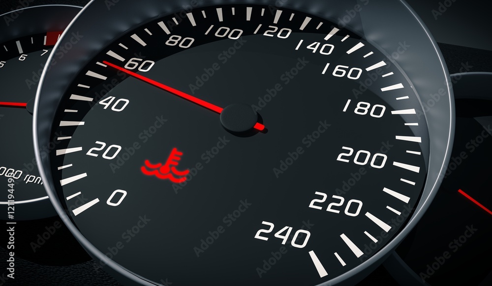Coolant warning light in car dashboard. Engine overheating control. 3D rendered illustration