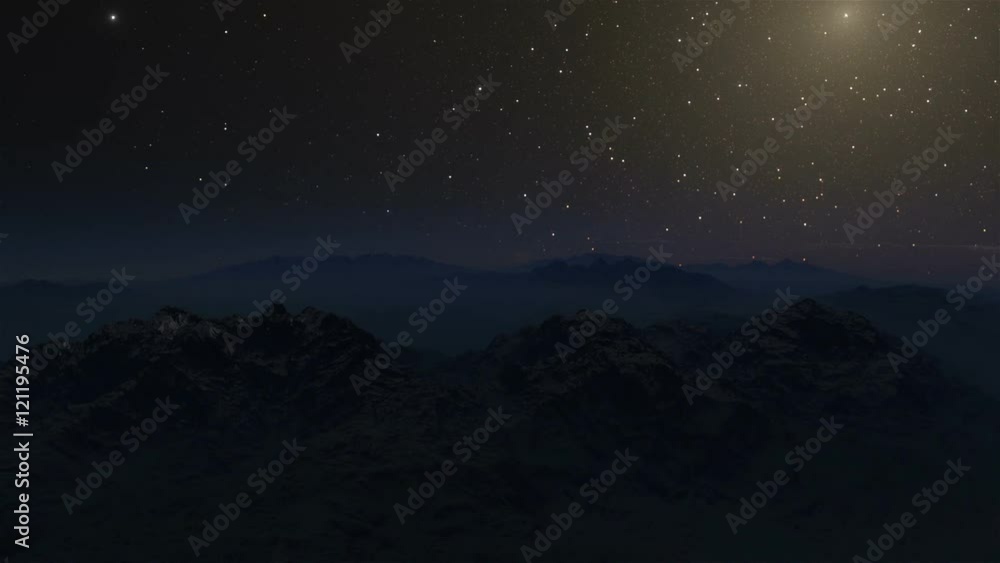 A night to day hyperlapse animation showing a voyage over wintry mountain tops with a starfield visible in the background
A night to day hyperlapse animation showing a voyage over wintry mountain tops with a starfield visible in the background