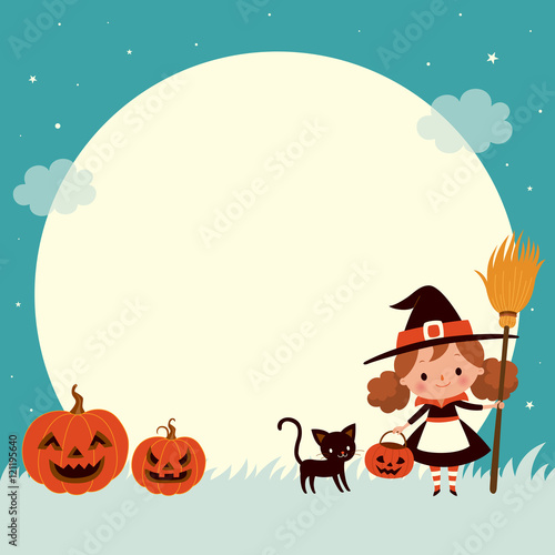 Halloween cute little witch with cat. Halloween background.