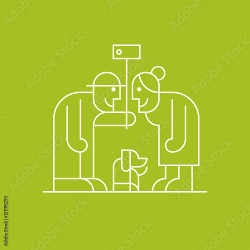 Old people with dachshund dog making selfie vector emblem