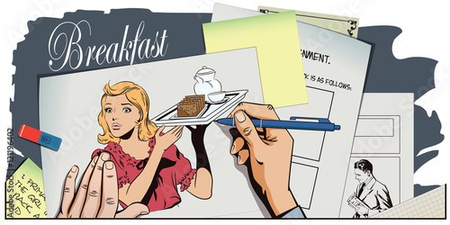Waitress with breakfast. Hand paints picture.