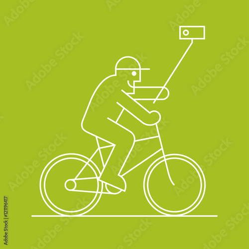 Old man biking and makign selfie vector line design element