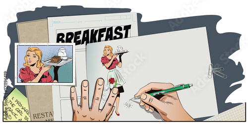 Waitress with breakfast. Hand paints picture.