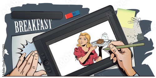People in retro style. Waitress with breakfast.