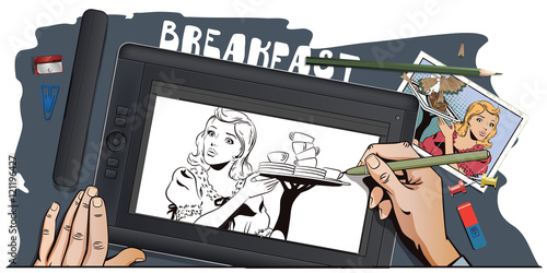 People in retro style. Waitress with breakfast.