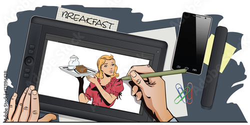 People in retro style. Waitress with breakfast.