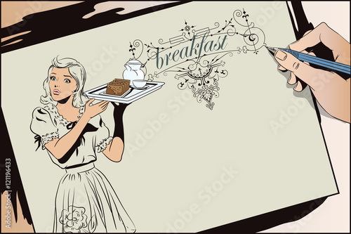 Waitress with breakfast. Hand paints picture.