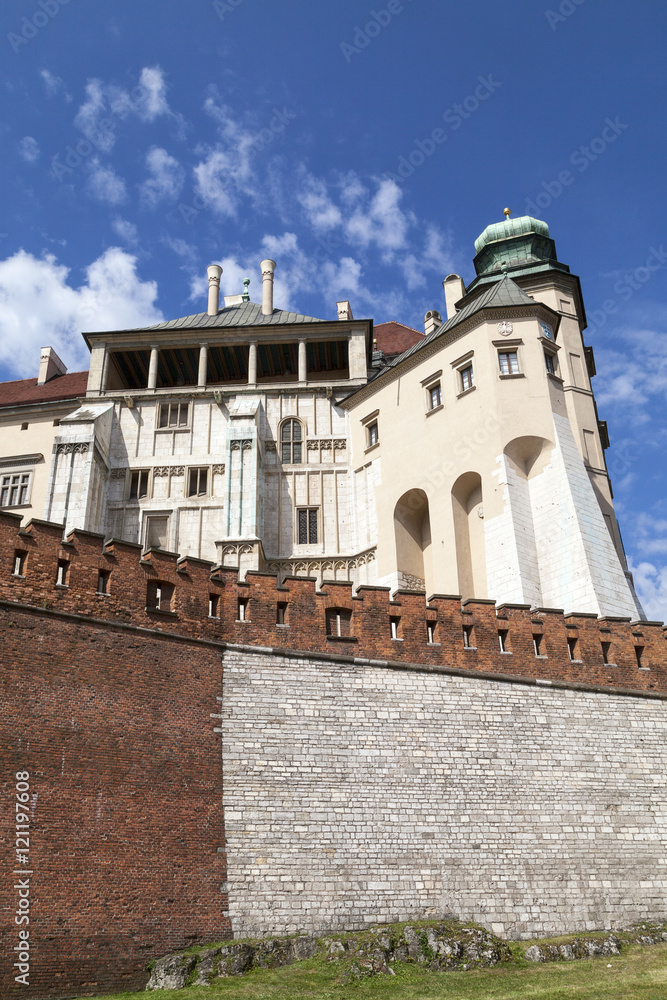 Wawel Royal Castle with defensive wall, Krakow, Poland.