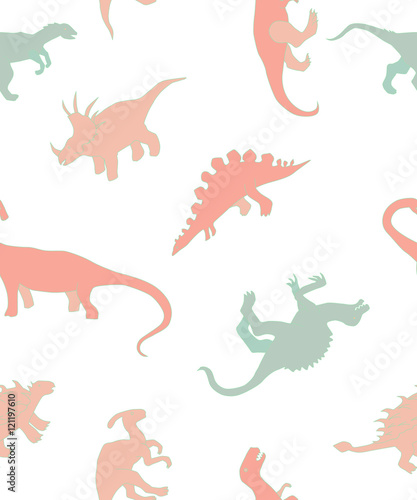 seamless pattern with dinosaurs  colorful dinosaurs silhouettes on a white background  children s pattern