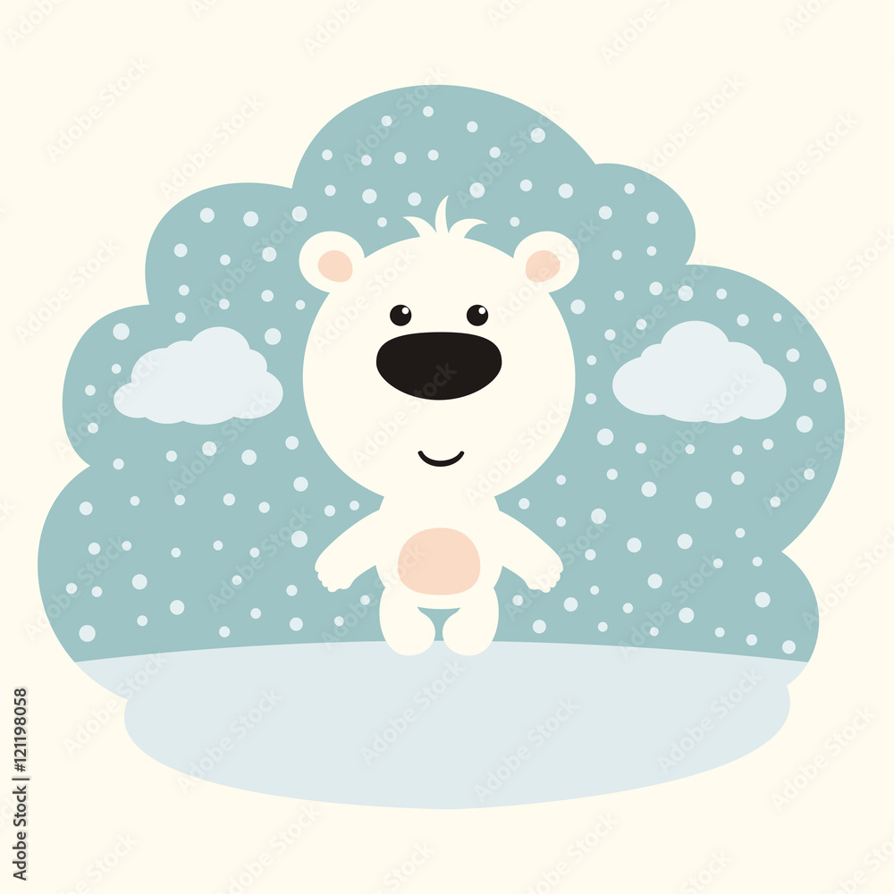 Funny polar bear on background of snowflakes. Little polar bear in cartoon style. Funny polar bear on background of snowflakes. Little polar bear in cartoon style.