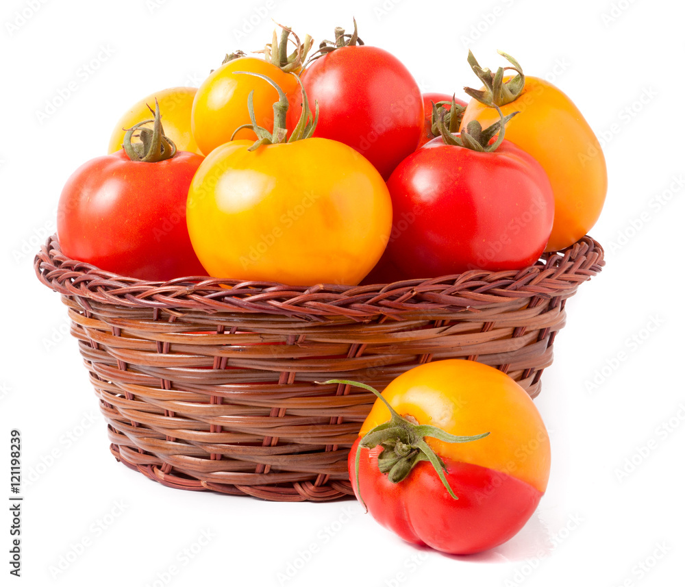 red and yellow tomatoes in a wicker basket isolated on white background red and yellow tomatoes in a wicker basket isolated on white background
