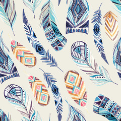 Papier peint photo Plumes aquarelles patrons Plumes ethniques aquarelle motif tribal  © Tanya Syrytsyna