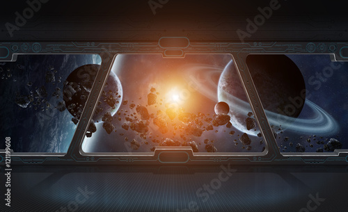 Fototapeta Naklejka Na Ścianę i Meble -  View of outer space from the window of a space station 3D render