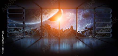 Fototapeta Naklejka Na Ścianę i Meble -  View planets from a huge spaceship window 3D rendering elements