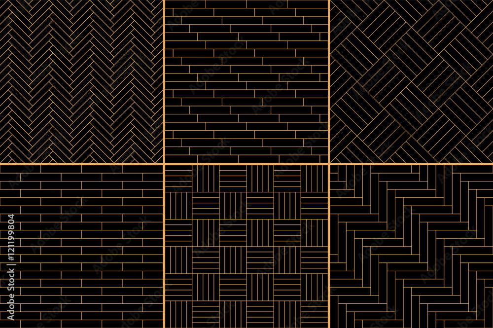 Naklejka premium Black and golden simple geometric parquet floor set - herringbone, stripes, squares seamless patterns, vector