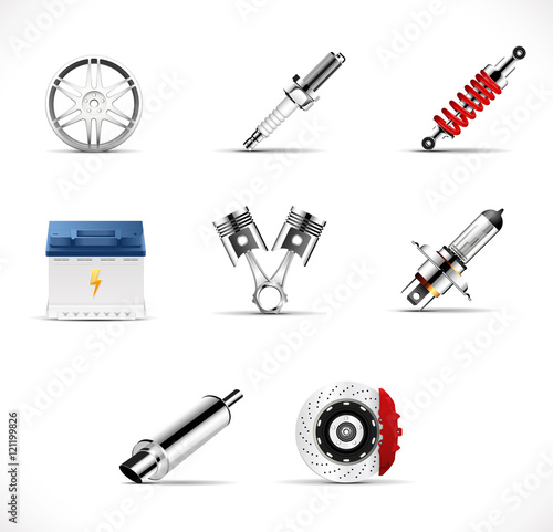 Car parts - brake, pistons, car light bulb, alloy wheels, spark plug, battery, absorber, car muffler

