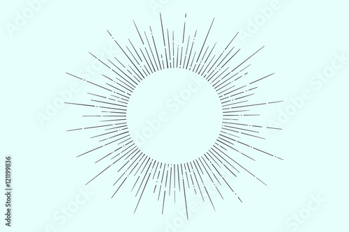 Light rays, sunburst and rays of sun. Linear drawing. Vintage hipster style. Light rays sunburst for retro logo, emblem. Illustration