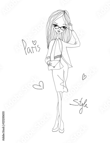 Paris Style Fashion Illustration with a Fashion Girl Wearing Stylish Clothes. Black and White Paris Style Typography with Hearts