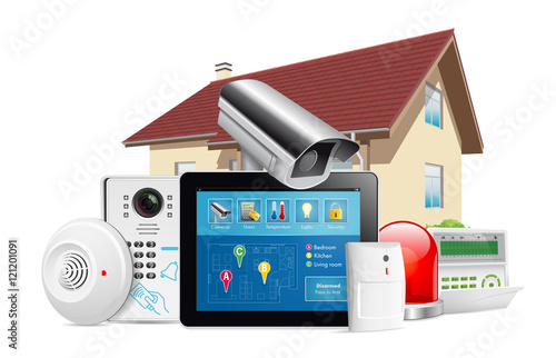 Home security system concept - motion detector, gas sensor, cctv camera, alarm siren

