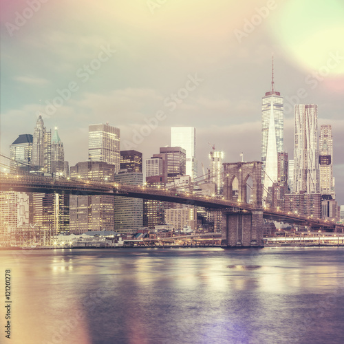 Vintage style view of  Brooklyn Bridge and Manhattan skyline, Ne