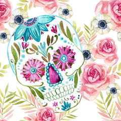 Sierkussen Doodshoofd met bloemen patronen Mexicaanse suikerschedel tussen bloemen  © Tanya Syrytsyna
