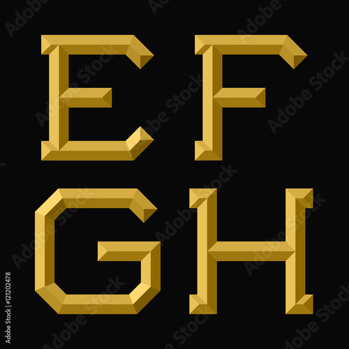 E, F, G, H gold faceted letters. Trendy and stylish golden font.