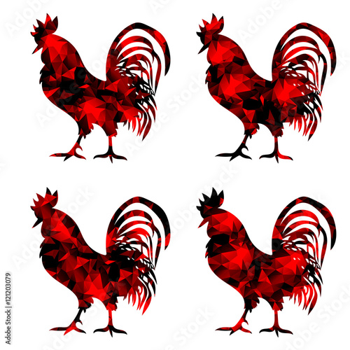 Rooster, triangular geometric polygonal roosters, isolated illustration of cock on white background
