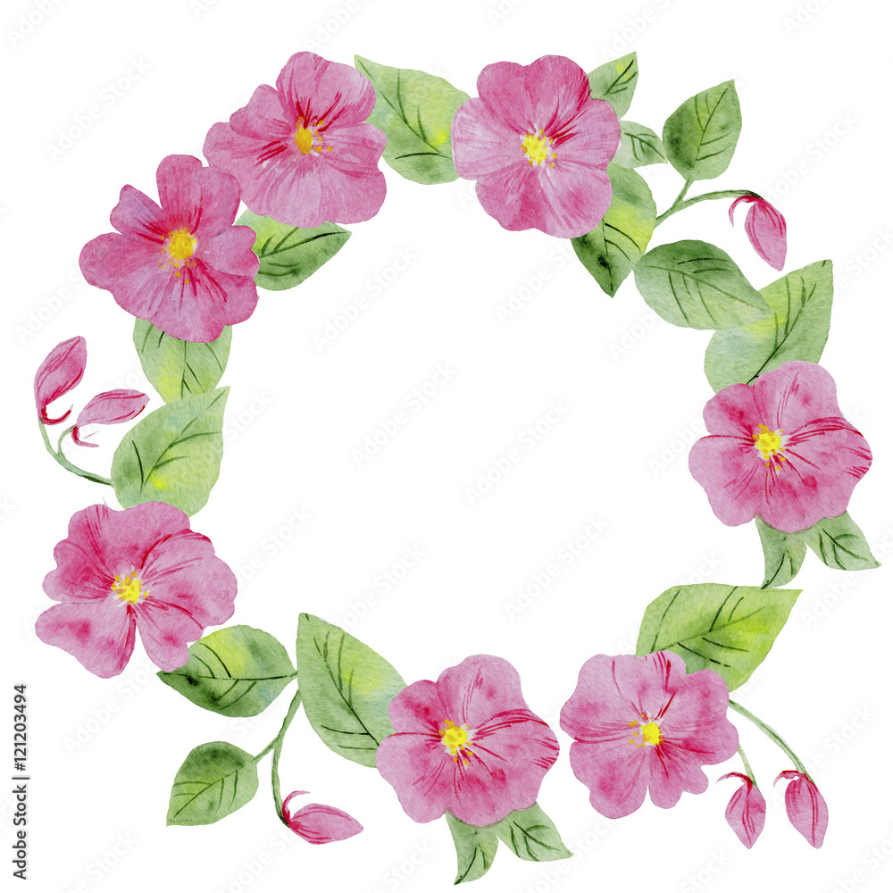 watercolor wreath of pink flowers with leaves on white