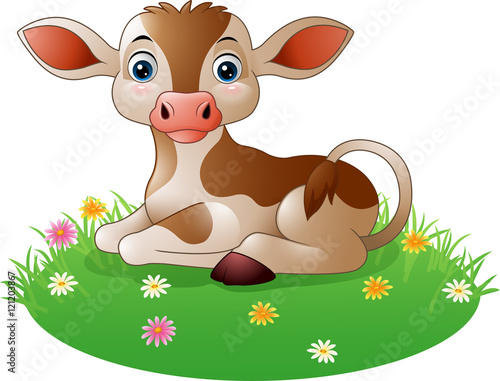 Cartoon cow sitting on grass